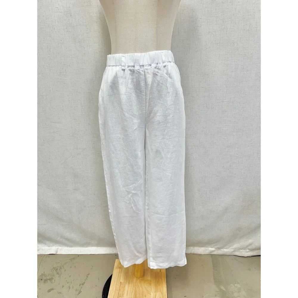 Quince 100% Linen Solid White Elastic Waist Pants Size Small Minimalist‎